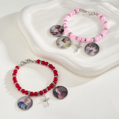 Personalized Cross Beaded Elastic Stretch Bracelet with 1-5 Photos, Religious Crucifix Picture Bracelet, Memorial Gift for Women/Family/Christians