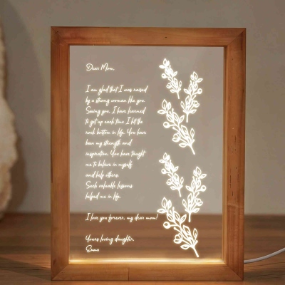 Custom Floral Handwritten Letter LED Night Light with Wooden Frame, Acrylic Table Night Lamp with Message, Home Decor, Mother’s Day Gift for Mom/Her