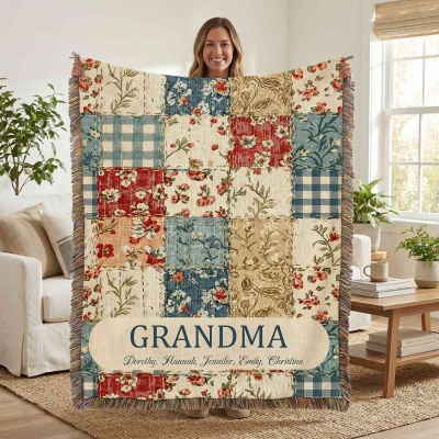 Personalized Names Grandmother Floral Quilting Patchwork Blanket with Tassels, Flannel Bed Couch Throw, Home Decor, Mother's Day Gift for Grandma/Her