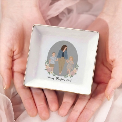 Personalized Watercolor Artistic Portrait Jewelry Dish, Square Ceramic Trinket Tray, Birthday/Mother's Day/Wedding Gift for Mom/Couple/Bridesmaids