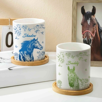 Personalized Name Horse Portrait Plant Pot, Ceramic Planter with Drainage & Bamboo Tray, Birthday/Anniversary Gift for Horse Lovers/Equestrians