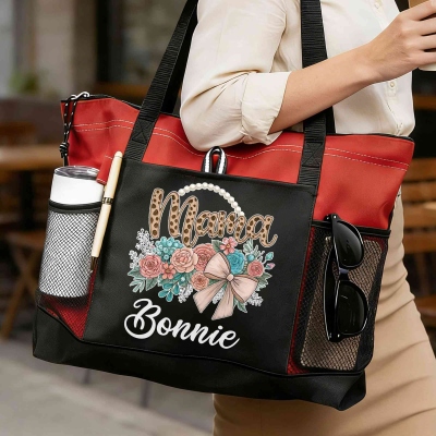 Custom Name Floral Bow Mama Design Tote Bag, Large Capacity Oxford Cloth Zippered Bag with Mesh Pockets, Birthday/Mother’s Day Gift for Mom/Grandma