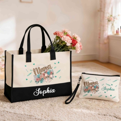 Custom Name Floral Bow Mama Design Bag Set, Canvas Tote Bag with Ribbon & Linen Makeup Pouch with Wristlet, Birthday/Mother’s Day Gift for Mom/Grandma