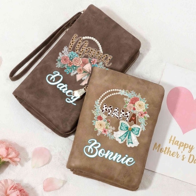Personalized Name Floral Bow Mama Design Tri-Fold Wallet, Leather Wallet Card Phone Holder with Wristlet, Birthday/Mother’s Day Gift for Mom/Grandma