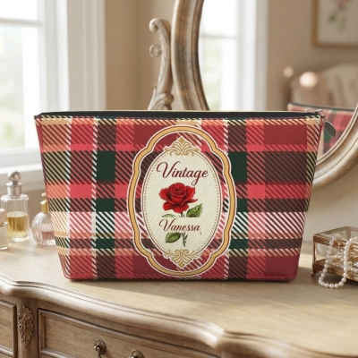 Custom Name Birth Flower Vintage Plaid Travel Makeup Bag, Waterproof Toiletry Pouch, Birthday/Mother’s Day/Wedding Gift for Her/Mom/Bridesmaids/Women