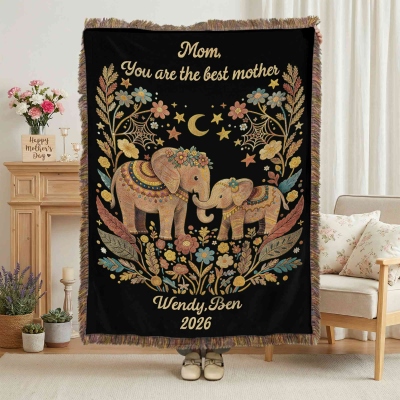 Personalized Name Floral Elephant Mama & Kid Blanket with Tassels, Flannel Bed Couch Throw, Home Decor, Birthday/Mother’s Day Gift for Mom/Grandma