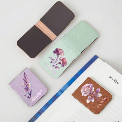 Personalized Watercolor Birth Flower Bookmark with Name, Elegant Magnetic Leather Bookmark Clip, Birthday/Mother's Day Gift for Her/Mom/Book Lovers
