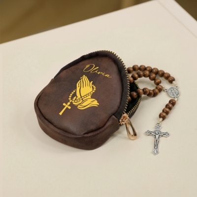 Personalized Name Cross Design Leather Rosary Pouch, Portable Coin Purse with Hook, Earphone Pouch, Birthday/Baptism/Christmas Gift for Christians