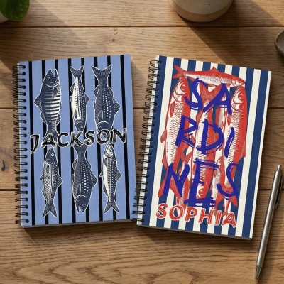 Personalized Sardines/Flatfish Design Notebook with Name, Softcover A5 Spiral Journal, Birthday/Back to School Gift for Fishermen/Students