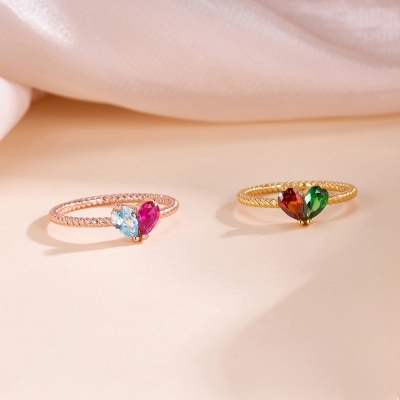 Personalized Heart Ring with Two Birthstones, Sterling Silver 925 Dainty Jewelry, Birthday/Mother's Day/Anniversary Gift for Her/Mom/Couple/Women