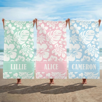 Personalized Hawaiian Floral Beach Towel with Name, Quick Dry Microfiber Bath Towel, Summer Vacation/Pool Party Favor, Gift for Her/Mom/Women/Girls