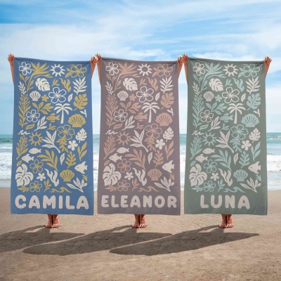 Personalized Name Floral Marine Design Beach Towel, Quick Dry Microfiber Bath Towel, Summer Vacation/Pool Party Favor, Gift for Her/Mom/Women/Girls