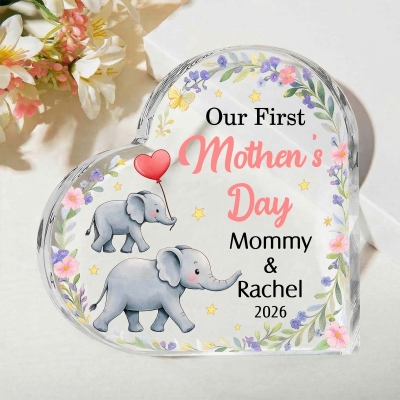 Personalized Names Floral Elephant Mama & Baby Design First Mother’s Day Heart-Shaped Acrylic Plaque, Desk Decor, Mother’s Day Gift for New Mom