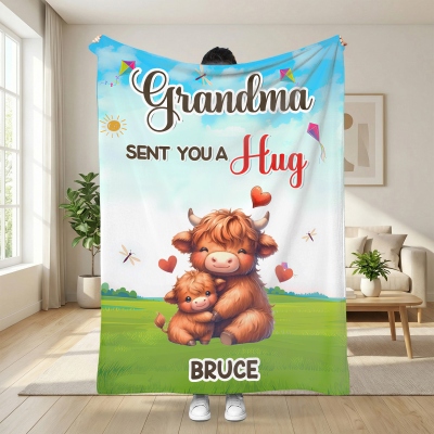 Personalized Name Cartoon Animal Grandma Sent You A Hug Blanket, Flannel/Sherpa Throw for Bed Couch, Home Decor, Gift for Kids from Grandma