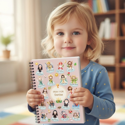 Personalized Name Cartoon Holy Saints of Heaven Notebook, A5 Spiral Journal, Birthday/Baptism/First Communion Gift for Christian/Catholic Kids