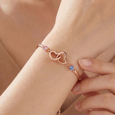 Custom Birthstones Mom & Daughter Interlocking Hearts Bracelet, Sterling Silver 925 Family Bracelet, Birthday/Mother's Day Gift for Her/Mom/Daughter