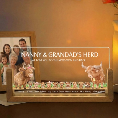 Custom Names Highland Cow Family LED Night Light, Acrylic Night Lamp with Wooden Base, Mother’s Day/Father’s Day Gift for Mom/Dad/Grandparents