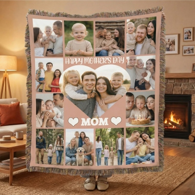 Personalized Name Mom’s Photo Grid Heart Design Blanket with Tassels, Custom 13 Photos Throw for Bed Couch, Birthday/Mother’s Day Gift for Mom/Grandma