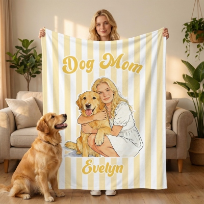 Personalized Name & Photo Pet Mom Striped Blanket, Flannel/Sherpa Throw for Bed Couch, Home Decor, Gift for Dog Mom/Cat Mom/Pet Lovers