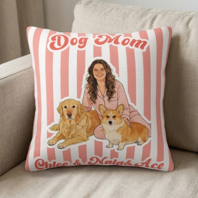 Personalized Pet Family Photo Watercolor Striped Throw Pillow Cover with Name, Pillowcase with Optional Insert, Mother’s Day Gift for Pet Owners/Women