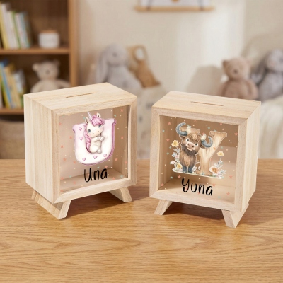 Personalized Name Cartoon Animal Alphabet Piggy Bank, Wooden Clear Window Money Box Saving Bank, Children's Day/Birthday Gift for Kids/Boys/Girls