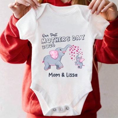 Custom Names First Mother’s Day Parent-Child Shirts, Elephant Mama & Daughter Heart Design Mom T-Shirt & Baby Bodysuit Set, Gift for Newborns/New Mom