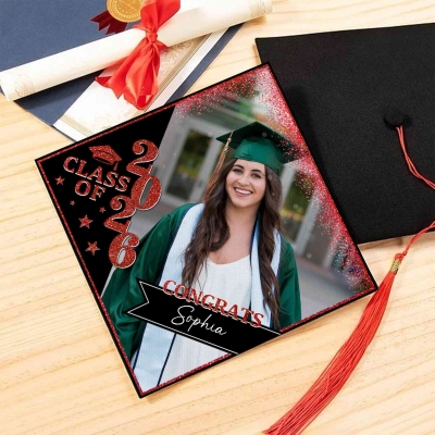 Personalized Photo Glitter Graduation Cap Topper with Name & Year, Class of 2026 High School College Graduation Decor, Gift for Graduates