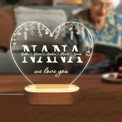 Personalized Family Names Heart Shaped LED Night Light, Acrylic Night Lamp with Wooden Base, Birthday/Mother's Day Gift for Mom/Grandma/Family