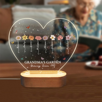 Custom Names & Birth Flowers Grandma's Garden Heart LED Night Light, Acrylic Night Lamp with Wooden Base, Birthday/Mother's Day Gift for Mom/Grandma