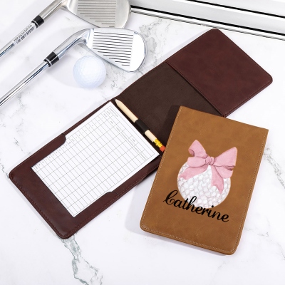 Custom Name Pink Coquette Bow Leather Golf Scorecard Holder, Golf Yardage Book Cover, Golf Accessories, Gift for Female Golfer/Her/Bridesmaids