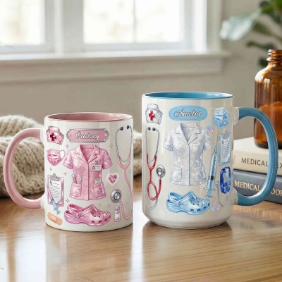 Custom 3D Gemstone Medical Icons Nurse Mug, 11oz/15oz Two Tone Ceramic Coffee Mug with Coaster, Appreciation/Graduation Gift for Nurses/Medical Staff