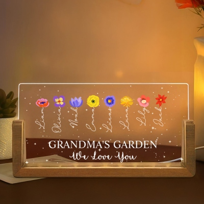 Custom Names & Birth Flowers Grandma’s Garden LED Night Light, Acrylic Soft Night Lamp with Wooden Base, Birthday/Mother’s Day Gift for Mom/Grandma