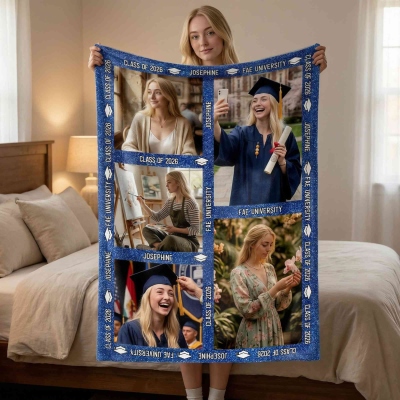 Personalized Graduation 1-8 Photos Glitter Blanket with Name, Flannel/Sherpa Throw for Bed Couch, Class of 2026 Keepsake, Gift for Graduates/Friends