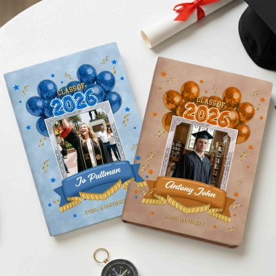 Personalized Graduation Photo Balloons Ribbon Notebook with Name, Multicolor A5/A6 Leather Class of 2026 Memory Journal, Gift for Graduates/Seniors