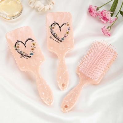 Custom Heart Watercolor Birth Flowers Hair Brush with Names, Floral Detangling Brush, Aesthetic Care Favor, Birthday/Mother’s Day Gift for Mom/Grandma