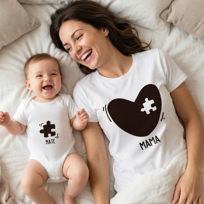 Personalized Names Heart Puzzle Mom T-Shirt & Baby Bodysuit Set, Multicolor Parent-Child Matching Shirts, Mother's Day Gift for Newborn & New Mom