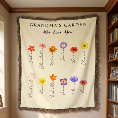 Custom Names Colorful Birth Flowers Grandma’s Garden Blanket with Tassels, Flannel Bed Couch Throw, Birthday/Mother’s Day Gift for Mom/Grandma