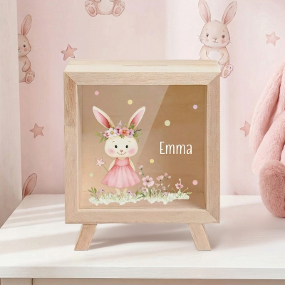 Personalized Cartoon Animal Floral Piggy Bank with Name, Wooden Clear Window Money Box Saving Bank, Home Decor, Easter/Birthday Gift for Kids/Girls