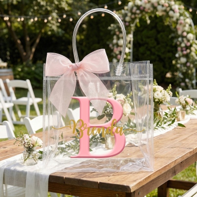 Personalized Bridesmaid Alphabet Transparent Gift Bag with Name, Clear PVC Bag with Bow Ribbon, Bridal Shower Party Favor, Wedding Gift for Bridesmaid