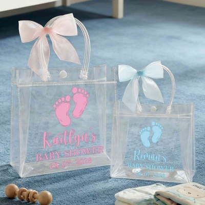 Personalized Baby Footprint Alphabet Transparent Gift Bag with Name, Clear PVC Bag with Bow Ribbon, Baby Shower Party Favor, Gift for Newborns/Guests