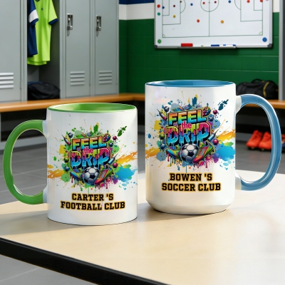 Personalized Name Graffiti Feel the Drip Soccer Mug, 11oz/15oz Two Tone Ceramic Mug with Coaster, Game Day/Birthday Gift for Soccer Lovers/Players