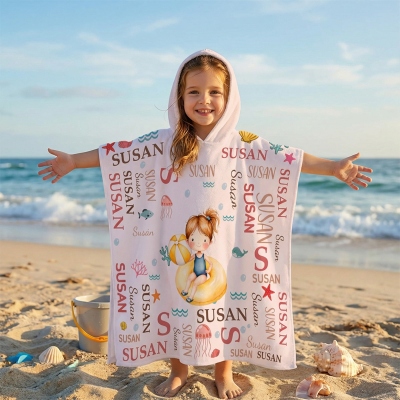 Personalized Summer Water Play Boy/Girl Hooded Beach Towel with Name, Quick Dry Microfiber Towel, Summer Vacation/Pool Party Favor, Gift for Kids
