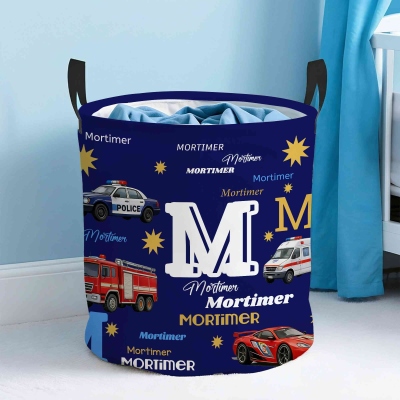 Custom Name Alphabet Kid's Police Car Ambulance Fire Truck Collapsible Storage Basket with Handles, Large Capacity Toy Laundry Basket, Gift for Kids