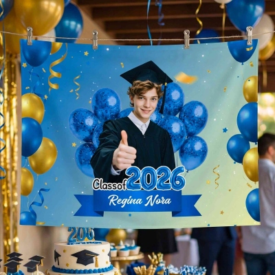Personalized Photo Balloons Design Congrats Graduation Backdrop with Name & Year, Class of 2026 Graduation Party Banner, Gift for Graduates
