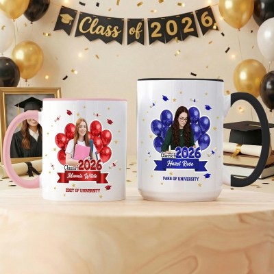 Personalized Photo Graduation Balloon Design Mug with Name & Year, 11oz/15oz Two Tone Ceramic Mug, Gift for High School/College Graduates
