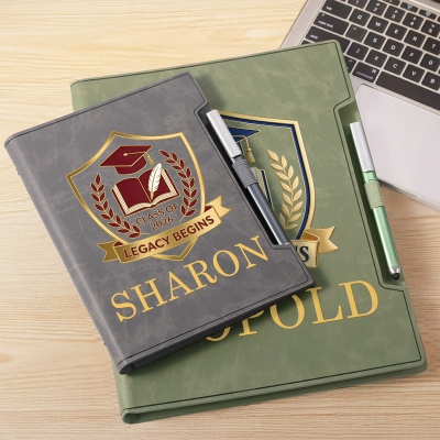 Custom Name Graduation Badge Leather Binder Notebook & Pen Set, A5/B5/A4 Journal with Card Slots, Graduation Gift for Medical/Architecture Graduates