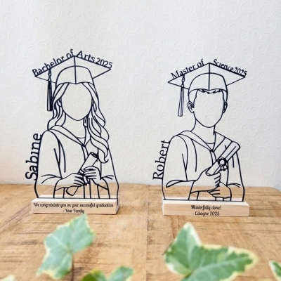 Personalized Name Line Art Graduation Sculpture with Wooden Engraved Base, Minimalist 3D Printed College Keepsake, Desk Decor, Gift for Graduates