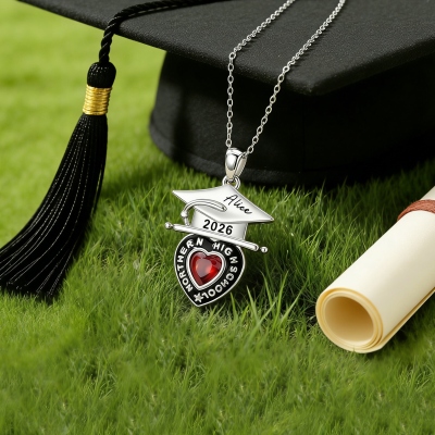 Custom Grad Cap Heart Birthstone Necklace with Name, Sterling Silver 925 High School College Class of 2026 Graduation Jewelry, Gift for Graduates