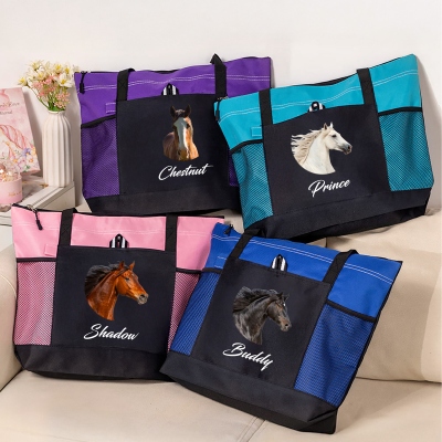 Personalized Name Horse Portrait Tote Bag, Large Capacity Oxford Cloth Zippered Bag with Mesh Pockets, Birthday/Anniversary Gift for Horse Lovers