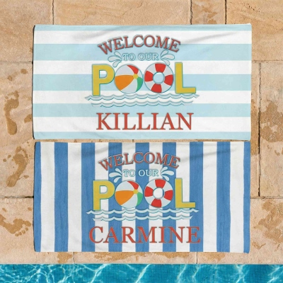 Custom Name Welcome to Our Pool Striped Beach Towel with Drawstring Bag, Quick Dry Microfiber Pool Towel, Summer Party Favor, Vacation Gift for Kids
